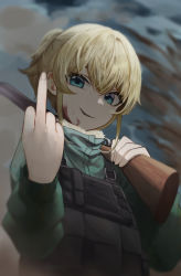 Rule 34 | 1girl, absurdres, blonde hair, blood, blood on face, blue eyes, blurry, bulletproof vest, commentary request, depth of field, gun, highres, holding, holding gun, holding weapon, jacket, long sleeves, looking at viewer, middle finger, military, military uniform, numim, over shoulder, parted lips, ponytail, short hair, smile, solo, tanya degurechaff, turtleneck, uniform, upper body, weapon, weapon over shoulder, youjo senki