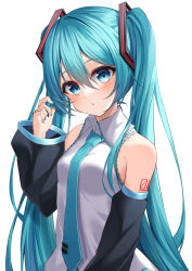 Rule 34 | 1girl, :o, absurdres, arm tattoo, armpit crease, bare shoulders, black sleeves, blue eyes, blue hair, blue nails, blue necktie, blush, breasts, collared shirt, commentary, detached sleeves, hair between eyes, hair ornament, hand in own hair, hatsune miku, head tilt, highres, long hair, long sleeves, looking at viewer, nail polish, necktie, number tattoo, open mouth, ryaru ryaru, shirt, simple background, sleeveless, sleeveless shirt, small breasts, solo, standing, tattoo, twintails, upper body, very long hair, vocaloid, white background, white shirt, wide sleeves, wing collar