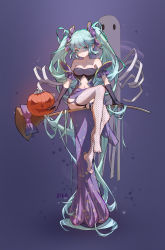 Rule 34 | 1girl, absurdres, ai dongdong, aqua eyes, aqua hair, artist name, bare shoulders, broom, broom riding, collarbone, commentary, dress, elbow gloves, english commentary, fishnet legwear, fishnets, floating, frilled hairband, frills, ghost, gloves, gold trim, hairband, halloween, hatsune miku, highres, jack-o&#039;-lantern, long hair, looking at viewer, midriff, navel, off-shoulder dress, off shoulder, parted lips, purple background, purple gloves, purple skirt, shaded face, skirt, solo, star (symbol), star print, twintails, very long hair, vocaloid
