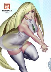 Rule 34 | 1girl, artist name, bare shoulders, blonde hair, bokuman, breasts, creatures (company), curvy, dress, female focus, game freak, green eyes, grin, highres, long hair, looking at viewer, lusamine (pokemon), mature female, medium breasts, nintendo, pokemon, pokemon sm, shiny skin, smile, solo, thick thighs, thighhighs, thighs, uniform, very long hair