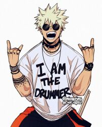 Rule 34 | 1boy, bakugou katsuki, blonde hair, boku no hero academia, collar, ear piercing, earrings, jewelry, male focus, necklace, niverins, piercing, ring, solo, spiked collar, spiked hair, spikes, sunglasses, watch, white background, wristband, wristwatch