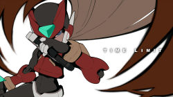 Rule 34 | 1boy, android, blonde hair, blue eyes, blurry, blurry background, blurry foreground, blush, bodysuit, covering one eye, energy sword, english text, gloves, gun, helmet, highres, holding, holding gun, holding weapon, long hair, looking at viewer, male focus, mega man (series), mega man zero (series), ponytail, seto (asils), simple background, solo, sword, weapon, white gloves, zero(z) (mega man), zero (mega man)