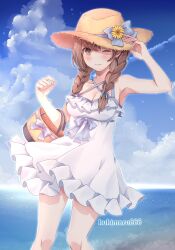 Rule 34 | 1girl, alternate costume, bag, beach, blue sky, braid, breasts, brown eyes, brown hair, cleavage, cloud, criss-cross halter, day, dress, frilled dress, frills, halterneck, hat, horizon, kantai collection, kukimaru, large breasts, long hair, looking at viewer, ocean, one eye closed, outdoors, shinshuu maru (kancolle), sky, solo, spaghetti strap, straw hat, sun hat, sundress, twin braids, twitter username, white dress