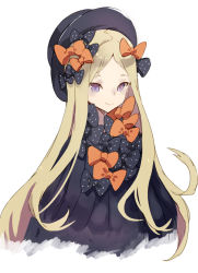 Rule 34 | 1girl, abigail williams (fate), black bow, black dress, black hat, blonde hair, bow, dress, fate/grand order, fate (series), hair bow, hat, long hair, long sleeves, looking at viewer, orange bow, parted bangs, polka dot, polka dot bow, purple eyes, shiromiso, sleeves past wrists, smile, solo, very long hair