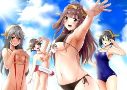 Rule 34 | 10s, 4girls, :d, armpits, bad id, bad nicoseiga id, bikini, black hair, blue eyes, blue sky, blush, breasts, brown eyes, brown hair, cleavage, cloud, cloudy sky, commentary request, competition school swimsuit, covered erect nipples, covered navel, day, front-tie bikini top, front-tie top, glasses, hand on own chest, haruna (kancolle), headgear, hiei (kancolle), innertube, kantai collection, kirishima (kancolle), kongou (kancolle), large breasts, long hair, looking at viewer, multiple girls, navel, neet co., one-piece swimsuit, open mouth, outstretched arm, revealing clothes, school swimsuit, short hair, side-tie bikini bottom, sky, slingshot swimsuit, smile, swim ring, swimsuit, underboob