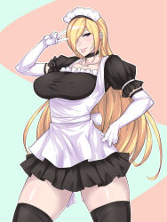 Rule 34 | 1girl, apron, black beat, black thighhighs, blonde hair, breasts, collarbone, covered erect nipples, earrings, elbow gloves, gloves, hair over one eye, hand on own hip, heart, heart earrings, jewelry, large breasts, long hair, maid, maid apron, maid headdress, original, puffy sleeves, purple eyes, smile, solo, thighhighs, v over eye, white gloves, zettai ryouiki