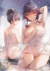 Rule 34 | 2girls, animal ears, arm up, armpits, ass, atago (azur lane), azur lane, black hair, blush, breasts, cleavage, closed mouth, collarbone, commentary request, covered navel, dog ears, heart, heart-shaped pupils, large breasts, looking at viewer, multiple girls, naked towel, onsen, orange eyes, parted lips, ponytail, sea nami, sitting, smile, symbol-shaped pupils, takao (azur lane), towel, water