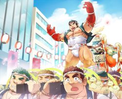 Rule 34 | 6+boys, aether deity (housamo), bara, beard, blush, body hair, brown hair, bulge, carrying, carrying over shoulder, city, cloud, cloudy sky, elbow gloves, facial hair, festival, fire deity (housamo), fundoshi, gloves, hachimaki, halo, halo behind head, headband, japanese clothes, large pectorals, long sideburns, male focus, male underwear, manly, multiple boys, muscular, nejiri hachimaki, nether deity (housamo), nipples, pectorals, short hair, sideburns, sky, suv (suv032), tajikarao (housamo), thick eyebrows, thick thighs, thighs, tokyo houkago summoners, topless male, underwear, upper body, water deity (housamo), white male underwear, wood deity (housamo)