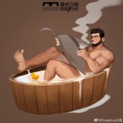Rule 34 | 1boy, absurdres, bara, bathing, beard, completely nude, facial hair, full body, highres, holding, holding newspaper, leg hair, male focus, mature male, muscular, muscular male, newspaper, nude, original, pectorals, powerlesssong, reading, rubber duck, short hair, smoking, solo, thick eyebrows, thighs