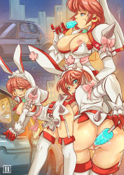 Rule 34 | 1boy, 1girl, adapted costume, animal ears, anus, ass, bent over, blue eyes, blush, boots, breasts, car, cheek bulge, cleavage, clitoris, clover, collage, dress, earrings, elphelt valentine, fellatio gesture, food, food insertion, four-leaf clover, garter straps, gloves, guilty gear, guilty gear xrd, habit, hairband, highres, hmage, hoop earrings, ice cream, inverted nipples, jewelry, knee up, large breasts, long sleeves, looking at viewer, masturbation, motor vehicle, multiple views, narrow waist, naughty face, nipple slip, nipples, no panties, object insertion, outdoors, phallic symbol, pink hair, popsicle, prostitution, pubic hair, puffy long sleeves, puffy sleeves, pussy, rabbit ears, sequential, short dress, short hair, solo focus, spikes, thigh boots, thighhighs, uncensored, vaginal, vaginal object insertion