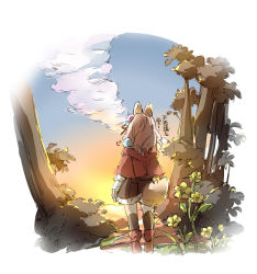 Rule 34 | 1girl, animal ears, black skirt, black thighhighs, boots, capelet, cloud, commentary request, dawn, forest, hair ornament, hood, hooded capelet, light brown hair, long sleeves, looking away, medium hair, nature, original, pleated skirt, red footwear, round image, shirt, skirt, solo, tail, thighhighs, translation request, wataame27, white shirt, wolf-chan (wataame27), wolf ears, wolf girl, wolf tail