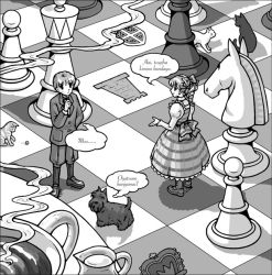 Rule 34 | 1boy, 1girl, arisawa tatsumi, board game, boots, bow, cat, chess, dog, from above, greyscale, isometric, knickers, long hair, monochrome, oversized object, romaji text, translated