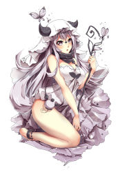 Rule 34 | 1girl, :o, animal, anklet, bare shoulders, barefoot, barefoot sandals (jewelry), blush, breasts, bug, butterfly, cleavage, dress, full body, gem, highres, horns, insect, jewelry, long hair, looking at viewer, magical girl, medium breasts, open mouth, original, packge, pearl (gemstone), polearm, simple background, solo, staff, strapless, strapless dress, thighs, turtleneck, veil, wand, weapon, white background, white dress, witch