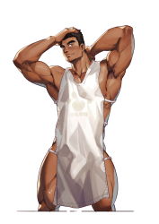 Rule 34 | 1boy, absurdres, apron, bara, black hair, closed mouth, dark-skinned male, dark skin, hand on own head, highres, large pectorals, looking at viewer, male focus, muscular, muscular male, naked apron, original, pectorals, selkiro, short hair, simple background, smile, solo, thick thighs, thighs, white apron, white background