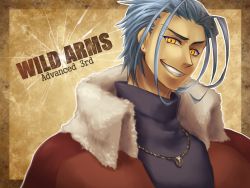 Rule 34 | 1boy, blue hair, brown background, coat, copyright name, earrings, grin, janus cascade, jewelry, magatugami, male focus, necklace, rouko605, smile, solo, wild arms, wild arms 3, yellow eyes