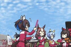 Rule 34 | 6+girls, ahoge, animal ears, aqua bow, arm up, arms up, black bow, black hair, blue hair, blue sky, book, bow, breasts, brown eyes, brown hair, canvas (object), closed eyes, clothing cutout, colored inner hair, commentary request, conductor, crown, daiichi ruby (umamusume), daitaku helios (umamusume), dancing, drill hair, ear bow, ear covers, ear ornament, ear piercing, ear scrunchie, easel, eishin flash (umamusume), fuji kiseki (umamusume), full body, glowstick, hair between eyes, hair bow, hair bun, hamu koutarou, highres, holding, holding book, holding glowstick, holding instrument, holding paintbrush, holding trumpet, holding violin, horse ears, horse girl, horse tail, instrument, jacket, k.s.miracle (umamusume), light blue hair, long hair, long sleeves, low twintails, maruzensky (umamusume), medium breasts, medium hair, mejiro dober (umamusume), mejiro ramonu (umamusume), multicolored hair, multiple girls, music, open mouth, outdoors, outstretched arms, paintbrush, painting (object), palette (object), pants, piano, piercing, playing instrument, purple headwear, red footwear, rice shower (umamusume), shoes, short hair, side drill, side ponytail, sitting, sky, smart falcon (umamusume), smile, sneakers, spread arms, stage, streaked hair, t.m. opera o (umamusume), tail, tail through clothes, thumbs up, tilted headwear, tracen training uniform, track jacket, track pants, trumpet, twintails, two-tone footwear, umamusume, very long hair, violin, white footwear, white hair, yamanin zephyr (umamusume)