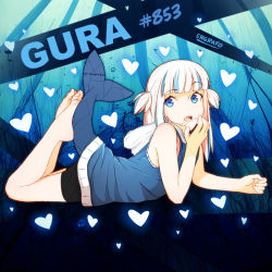 Rule 34 | 1girl, barefoot, bike shorts, blue eyes, blue hair, blue shirt, commentary, feet, fins, fish tail, food, gawr gura, holding, holding food, hololive, hololive english, hood, hood down, hooded shirt, legs, long hair, lying, multicolored hair, on stomach, open mouth, shark girl, shark tail, sharp teeth, shirt, short twintails, sleeveless, sleeveless shirt, soles, srgrafo, streaked hair, tail, teeth, the pose, toes, twintails, two side up, virtual youtuber, white hair