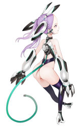 Rule 34 | 1girl, ass, backless leotard, bare shoulders, black thighhighs, breasts, cable, cable tail, choker, double bun, eyebrows, forehead, from behind, hair bun, high heels, highres, leotard, long hair, looking to the side, mecha musume, mechanical arms, mechanical tail, mole, mole under eye, original, parted lips, profile, purple eyes, purple hair, purple leotard, purple thighhighs, red eyes, sideboob, simple background, single mechanical arm, sleeveless, solo, sunga2usagi, tail, thighhighs, thighs, twintails, white background
