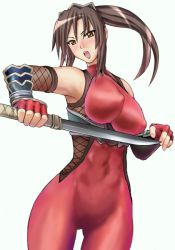 Rule 34 | 1girl, blush, bodysuit, breasts, brown eyes, brown hair, cameltoe, covered erect nipples, elbow gloves, gauntlets, gloves, huge breasts, knife, metadora, namco, navel, ninja, open mouth, skin tight, solo, soul calibur, soulcalibur, soulcalibur iv, spandex, sword, taki (soulcalibur), thighs, weapon