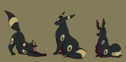 brown_background cat closed_eyes commentary creatures_(company) dog fangs game_freak gen_2_pokemon highres nintendo no_humans oimo_kenpi open_mouth pokemon pokemon_(creature) rabbit red_eyes simple_background sitting stretching symbol-only_commentary tongue umbreon