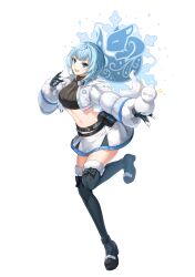 Rule 34 | 1girl, belt, belt pouch, black footwear, black gloves, black shirt, black thighhighs, blue eyes, blue hair, boots, breasts, closers, crop top, cropped jacket, full body, fur trim, gloves, hand up, highres, holding snowman, hood, hood down, hooded jacket, jacket, leg up, long sleeves, looking at viewer, medium breasts, midriff, miniskirt, navel, non-web source, official art, open mouth, outstretched arm, pouch, puffy sleeves, ribbed shirt, shirt, short hair, skirt, smile, snowman, solo, standing, standing on one leg, stomach, thigh boots, thighhighs, thighs, violet (closers), white jacket, white skirt, zettai ryouiki
