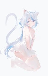 Rule 34 | 1girl, absurdres, ahoge, animal ears, ass, camisole, cat ears, cat tail, commentary, furina (genshin impact), genshin impact, highres, kneeling, long hair, looking at viewer, low twintails, maomoking, multicolored hair, simple background, solo, streaked hair, symbol-only commentary, tail, thighhighs, twintails, very long hair, white background, white camisole, white hair, white thighhighs