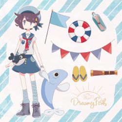 Rule 34 | 1girl, absurdres, animal bag, arms up, bad id, bad pixiv id, bag, bead bracelet, beads, blue eyes, blue headwear, blue sailor collar, blue shorts, bracelet, braid, breast pocket, bright pupils, brown hair, ear piercing, earrings, fish, flag, french braid, full body, grey footwear, hair ornament, hat, highres, jewelry, lifebuoy, looking at viewer, message in a bottle, neckerchief, original, piercing, pocket, red neckerchief, sailor, sailor collar, sailor hat, sandals, shirt, shoes, short hair, short sleeves, shorts, shoulder bag, socks, sorata123, standing, striped background, striped clothes, striped legwear, striped socks, swim ring, telescope, two-tone background, unworn footwear, unworn sandals, watch, white pupils, white shirt, wristwatch