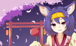 Rule 34 | 10s, 1girl, animal ear fluff, animal ears, blush, candy apple, cherry blossoms, fang, food, fox ears, hatsuse izuna, headband, highres, japanese clothes, kertaspata, looking at viewer, no game no life, purple hair, red eyes, short hair, sleeves past wrists, slit pupils, smile, solo, torii, upper body