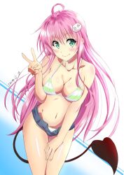 Rule 34 | 1girl, 2020, ahoge, bare arms, bikini, bikini under clothes, blush, breasts, cleavage, closed mouth, collarbone, dated, demon tail, floating hair, green eyes, grey shorts, hair between eyes, hair ornament, hairclip, halterneck, highres, lala satalin deviluke, long hair, looking at viewer, medium breasts, micro shorts, navel, open clothes, open shorts, pink hair, shiny skin, shorts, sideboob, sketch, smile, solo, swimsuit, tail, thigh gap, to love-ru, tsuji643163271, v, very long hair, white background