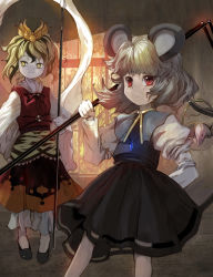 Rule 34 | 2girls, animal ears, animal print, basket, black hair, blonde hair, female focus, grey hair, hair ornament, highres, jewelry, mouse (animal), mouse ears, mouse tail, multicolored hair, multiple girls, nazrin, pendant, red eyes, shawl, syope, tail, tiger print, toramaru shou, touhou, yellow eyes
