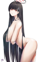 Rule 34 | 1girl, black hair, blue archive, blush, breasts, convenient censoring, crossed arms, hair ornament, hairclip, halo, highres, ibara azuki, large breasts, long hair, looking at viewer, nude, red eyes, rio (blue archive), very long hair