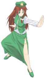 Rule 34 | 1girl, braid, chinese clothes, cuboon, female focus, fighting stance, full body, green eyes, green footwear, hat, hong meiling, immaterial and missing power, jpeg artifacts, long hair, red hair, shoes, simple background, solo, star (symbol), touhou, twin braids