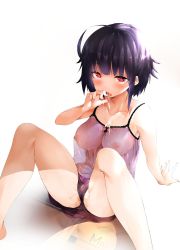 Rule 34 | 1girl, ahoge, arm support, blush, breasts, cum, cum in mouth, cum on body, highres, large breasts, lingerie, looking at viewer, medium breasts, negligee, nipples, open mouth, original, purple hair, pussy juice, red eyes, see-through, short hair, sitting, solo, spread legs, sweat, sweatdrop, underwear, ushiro muki, wet