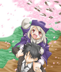Rule 34 | 00s, 1boy, 1girl, :d, arm up, black eyes, black hair, blush stickers, carrying, cherry blossoms, coat, dress, emiya kiritsugu, facial hair, fate/stay night, fate (series), father and daughter, formal, goatee stubble, grey mittens, hat, illyasviel von einzbern, long hair, mittens, necktie, open mouth, purple hat, red eyes, scarf, shoulder carry, smile, stubble, white hair