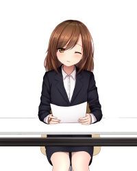 Rule 34 | 1girl, between fingers, black jacket, black skirt, blush, brown eyes, brown hair, business suit, chair, collared shirt, dress shirt, formal, hair between eyes, head tilt, highres, holding, holding paper, holding pen, jacket, long hair, long sleeves, looking at viewer, monaka curl, on chair, original, paper, parted lips, pen, pencil skirt, shirt, simple background, sitting, skirt, skirt suit, smile, solo, suit, table, white background, white shirt