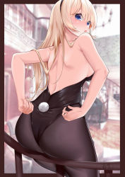 Rule 34 | 1girl, :o, absurdres, ass, back, bare arms, bare back, bare shoulders, black hairband, black leotard, black pantyhose, blonde hair, blue eyes, blurry, blurry background, blush, border, breasts, brown border, dated, depth of field, fake tail, from behind, hairband, highres, indoors, leotard, long hair, looking at viewer, looking back, medium breasts, mikawa sansen, open mouth, original, outside border, pantyhose, playboy bunny, rabbit tail, railing, sideboob, signature, sitting, solo, tail, very long hair
