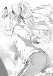 Rule 34 | 1girl, :d, blush, buriki, floating hair, greyscale, hair ornament, hairband, hand grab, highres, holding hands, leg up, long hair, long sleeves, looking at viewer, looking back, mole, mole under eye, monochrome, novel illustration, official art, open mouth, ore wo suki nano wa omae dake ka yo, outstretched arm, pants, running, sidelocks, smile, solo, solo focus, sweater, very long hair