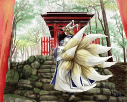 Rule 34 | 1girl, blonde hair, dress, forest, fox tail, hat, mob cap, multiple tails, multiple torii, nature, sir ichirou, stairs, tabard, tail, torii, touhou, tree, wide sleeves, yakumo ran, yamaponzzz