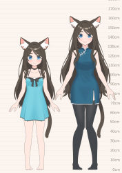 Rule 34 | 1girl, age progression, aina (mao lian), animal ear fluff, animal ears, arms at sides, bare shoulders, barefoot, black choker, black thighhighs, blue dress, blue eyes, blush, brown hair, cat ears, cat tail, china dress, chinese clothes, choker, closed mouth, dress, height chart, highres, long hair, looking at viewer, mao lian (nekokao), multiple views, original, pigeon-toed, side slit, smile, tail, thighhighs