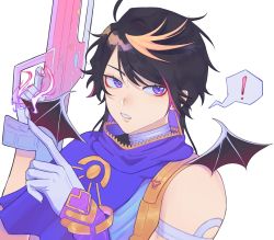 Rule 34 | !, 1boy, assault rifle, astra (valorant), astra (valorant) (cosplay), black hair, capelet, commentary, cosplay, english commentary, eyeliner, gloves, gun, highres, holding, holding gun, holding weapon, male focus, multicolored hair, nijisanji, nijisanji en, orange hair, parted lips, portrait, purple capelet, red eyeliner, rifle, shu yamino, single sleeve, solo, spoken exclamation mark, streaked hair, valorant, virtual youtuber, weapon, white background, white gloves, wings, yao (minteuai)