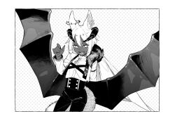 Rule 34 | 1girl, :d, animal ears, border, cape, commentary, cropped jacket, dark-skinned female, dark skin, demon girl, demon horns, demon wings, earrings, fangs, fingernails, greyscale, highres, horns, jewelry, kushiro yuu, large wings, long sleeves, looking at viewer, low wings, monochrome, open mouth, original, pants, polka dot, polka dot background, sharp fingernails, shirt tucked in, smile, solo, symbol-only commentary, tail, white border, wings
