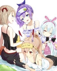 Rule 34 | 4girls, animal ears, ayanami (azur lane), ayanami (off-duty battle station gear) (azur lane), azur lane, babydoll, bandaid, bandaid on arm, bare shoulders, black bra, blonde hair, blue eyes, bra, breasts, choro tofu, cleavage, closed mouth, collarbone, commentary request, fake animal ears, hairband, handheld game console, highres, javelin (azur lane), javelin (operation: pillow fight!) (azur lane), laffey (azur lane), laffey (sleep to clean another day) (azur lane), loose clothes, loose shirt, lying, multiple girls, off shoulder, official alternate costume, on stomach, pajamas, partial commentary, purple hair, rabbit ears, red eyes, shirt, short shorts, shorts, sidelocks, silver hair, sitting, sleep mask, sleepover, small breasts, smile, spaghetti strap, t-shirt, underwear, z23 (azur lane), z23 (keeper of the comf-fort) (azur lane)