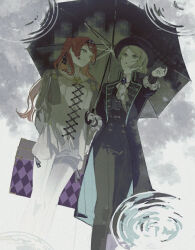 2girls :o ascot black_coat black_hat black_pants black_umbrella black_vest boater_hat checkered_hairband coat dress feet_out_of_frame formal_clothes green_eyes grey_eyes grey_hair grey_sky hair_bun hairband hand_up hat high_collar holding holding_suitcase holding_umbrella kaitei long_hair looking_at_another looking_to_the_side looking_up multiple_girls orange_hair overcast pants pants_under_dress reflection reflection_focus reflective_water reverse:1999 ripples shared_umbrella shirt short_dress short_hair single_side_bun sky smile sonetto_(reverse:1999) suit suitcase umbrella vertin_(reverse:1999) vest waistcoat white_ascot white_dress white_pants white_shirt