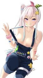 Rule 34 | 1girl, absurdres, airani iofifteen, airani iofifteen (1st costume), blush, breasts, collarbone, commentary request, headband, highres, hololive, hololive indonesia, large breasts, long hair, looking at viewer, no bra, overalls, platinum blonde hair, purple eyes, side ponytail, simple background, solo, steeb, virtual youtuber, white background