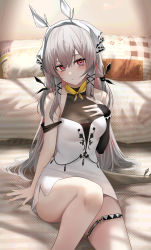 Rule 34 | 1girl, alternate costume, antennae, arknights, bare arms, bare shoulders, breasts, bridal gauntlets, closed mouth, dress, frown, grey hair, hand on own chest, highres, knee up, long hair, looking at viewer, medium breasts, nail polish, neckerchief, red eyes, ru zhai, short dress, side slit, single bridal gauntlet, sitting, sleeveless, sleeveless dress, solo, sweat, tail, thigh strap, thighs, very long hair, weedy (arknights), white dress
