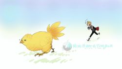 Rule 34 | 1boy, animated, animated gif, beak, blonde hair, camera, chocobo, feathers, final fantasy, final fantasy xv, mintfoxmimi, open mouth, prompto argentum, running, simple background, sleeveless, spiked hair, talons, vest