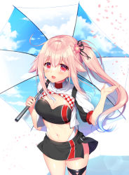 Rule 34 | 1girl, ahoge, arm up, black skirt, blue hair, blush, breasts, cherry blossoms, commentary request, commission, flower, gradient hair, hair between eyes, hair flaps, hair flower, hair ornament, hair ribbon, harusame (kancolle), highres, holding, holding umbrella, kantai collection, long hair, looking at viewer, medium breasts, miniskirt, multicolored hair, navel, open mouth, petals, pink hair, race queen, red eyes, ribbon, ringo sui, short sleeves, side ponytail, sidelocks, skirt, solo, thigh strap, umbrella