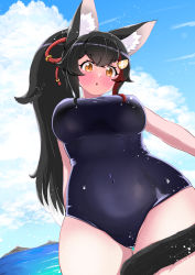 Rule 34 | 1girl, :o, animal ear fluff, animal ears, black hair, blue one-piece swimsuit, blush, breasts, covered navel, curvy, dutch angle, hair ornament, hairclip, highres, hololive, impossible clothes, impossible swimsuit, kani bonara, large breasts, long hair, looking at viewer, multicolored hair, one-piece swimsuit, ookami mio, parted lips, ponytail, red hair, skin tight, skindentation, solo, streaked hair, swimsuit, tail, tail around own leg, tail wrap, very long hair, virtual youtuber, wide hips, wolf ears, wolf girl, wolf tail, yellow eyes