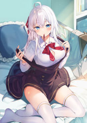 Rule 34 | 1girl, absurdres, ahoge, bed, black dress, blue eyes, blush, book, breasts, buttons, cleavage, collared shirt, commentary request, double-breasted, dress, highres, long hair, long sleeves, looking at viewer, medium breasts, mishima kurone, mouth hold, original, pillow, red eyes, second-party source, shirt, sitting, solo, thighhighs, white hair, white shirt, white thighhighs