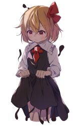 Rule 34 | 1girl, ar (maeus), ascot, black skirt, black vest, blonde hair, blush, closed mouth, collared shirt, cropped legs, feet out of frame, frilled shirt collar, frills, hair between eyes, hair ribbon, highres, long sleeves, red ascot, red eyes, red ribbon, ribbon, rumia, shirt, short hair, simple background, skirt, solo, touhou, vest, white background